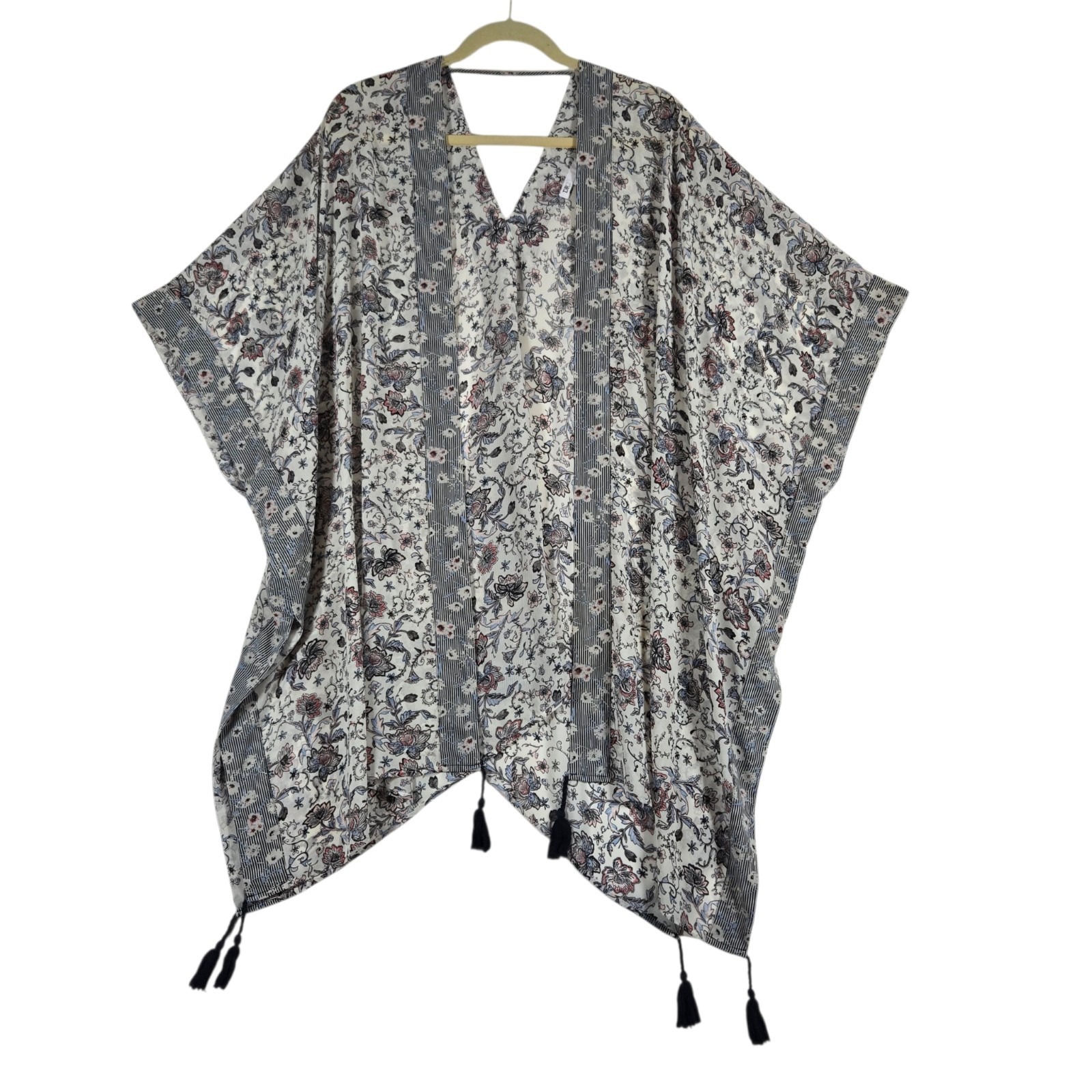 Dr2 Kimono Shawl Shrug Womens M/L Whie Blue Floral Tassel Trim Fly Away